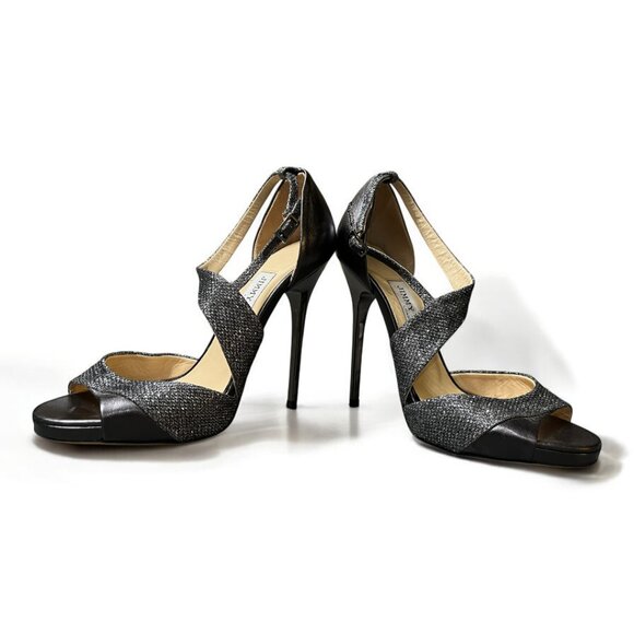 Jimmy Choo Tyne Anthractive Asymmetrical Gunmetal Glitter Heel Sandals - Picture 3 of 8